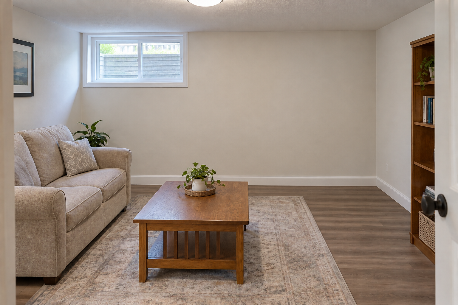 Bright living room with beige sofa, wooden coffee table, rug, and window light
