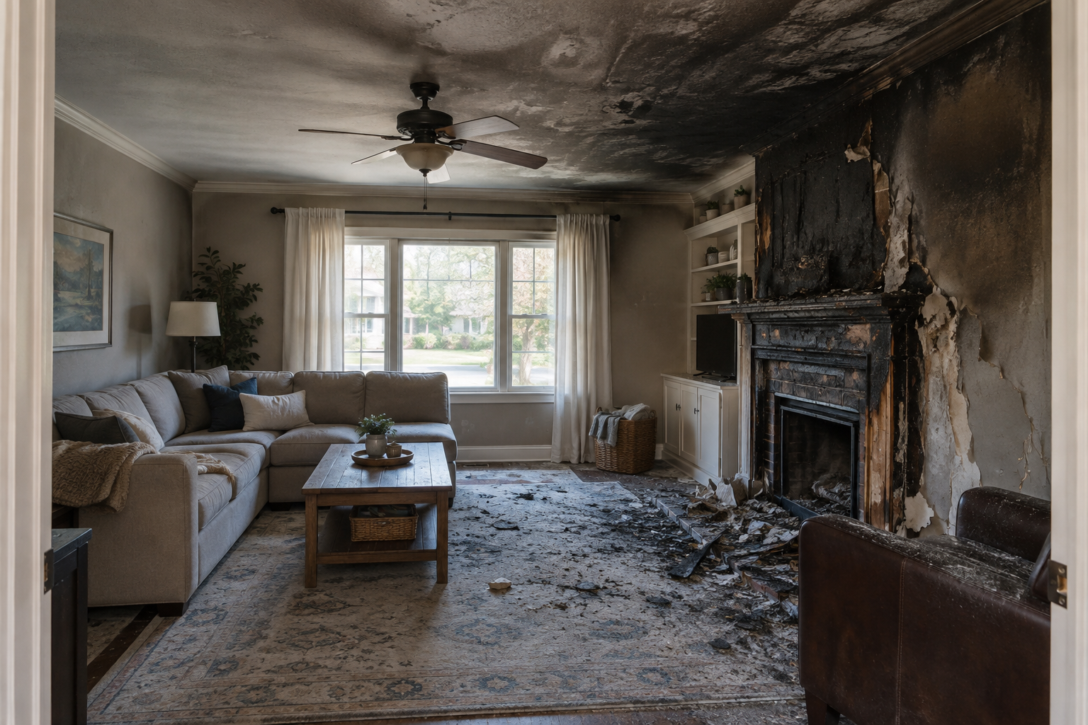 Smoke-damaged living room with charred walls, soot-covered ceiling, and debris on the floor.