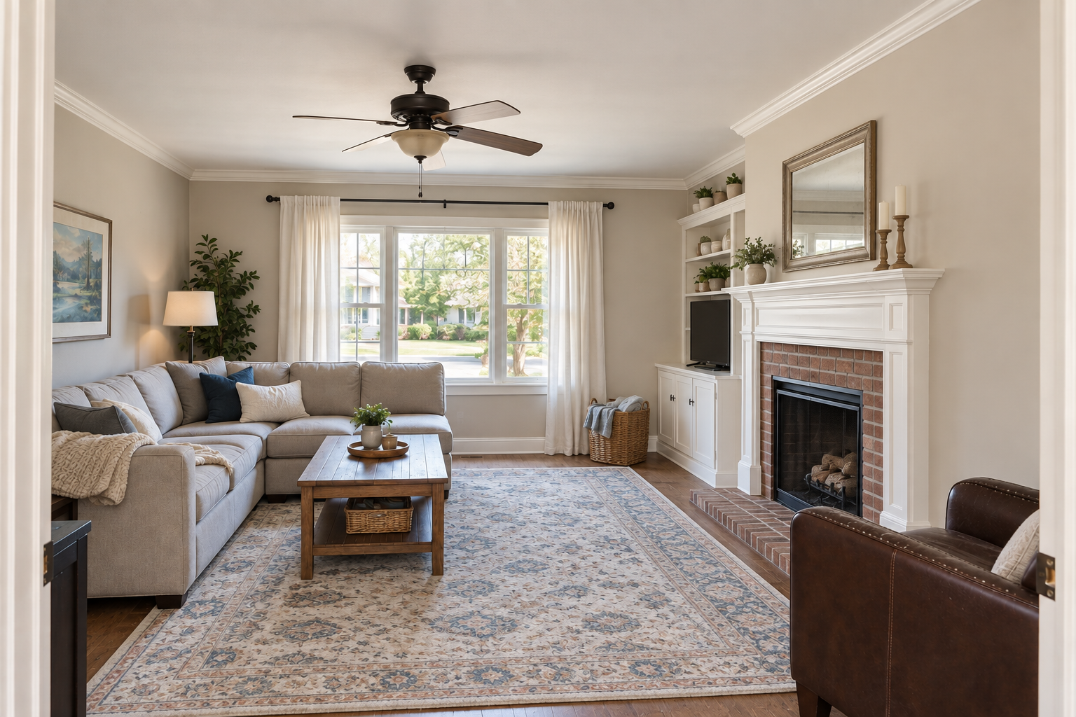 Bright living room with gray sofa, fireplace, ceiling fan, and large window with curtains