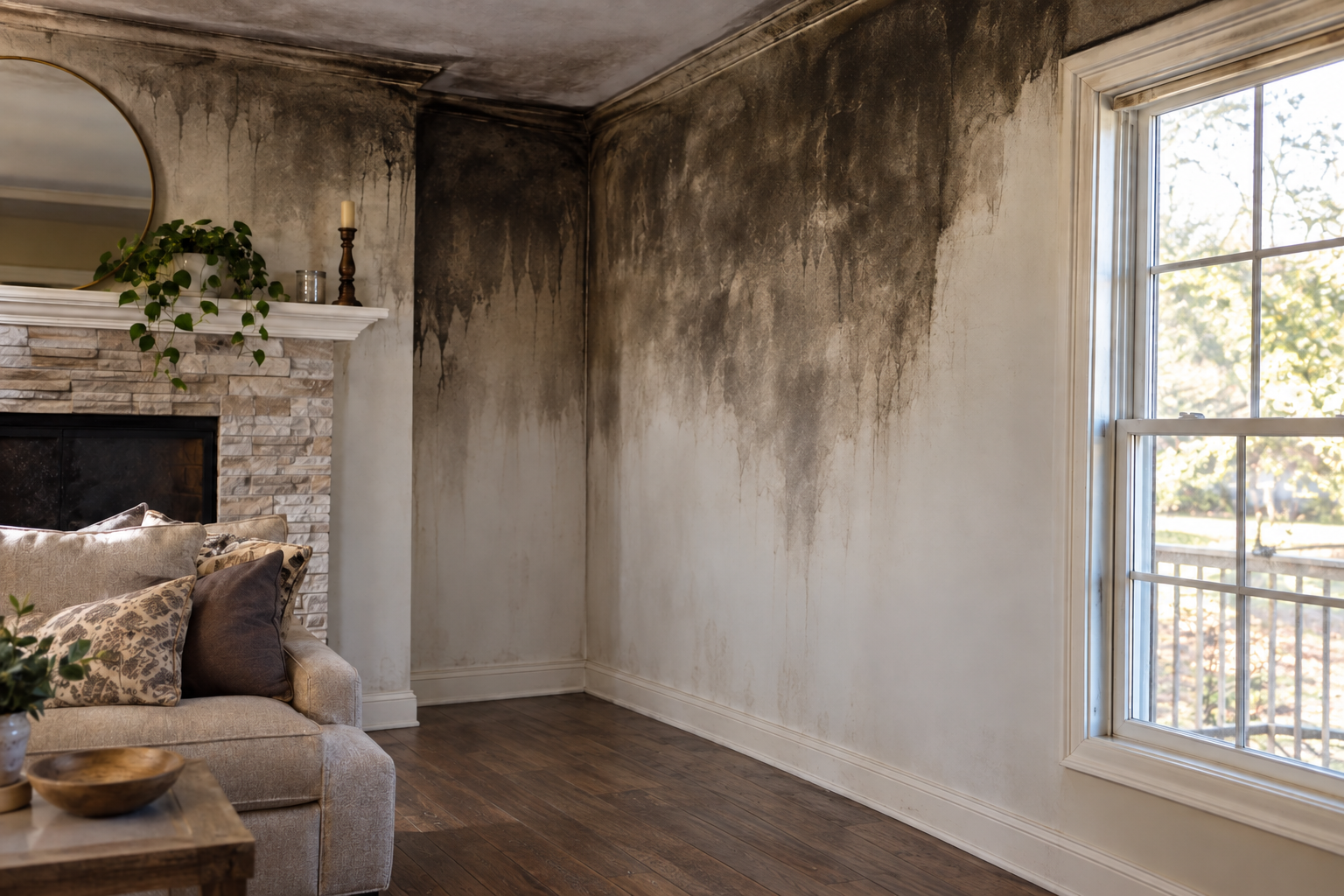 Damaged living room wall with dark water stains beside a fireplace and a bright window