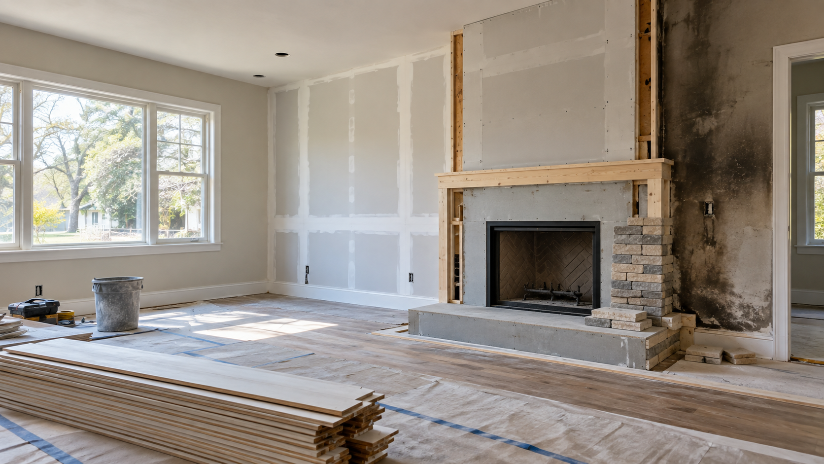 Renovated living room with unfinished fireplace, wood floors, and large windows