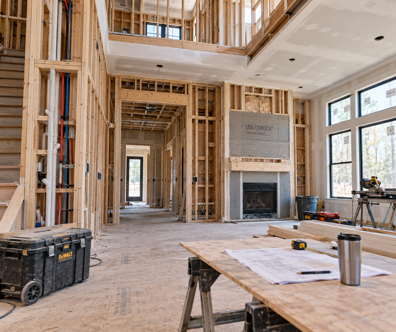Living room with two carpet cleaners and a blue hose stretched across a hardwood floor