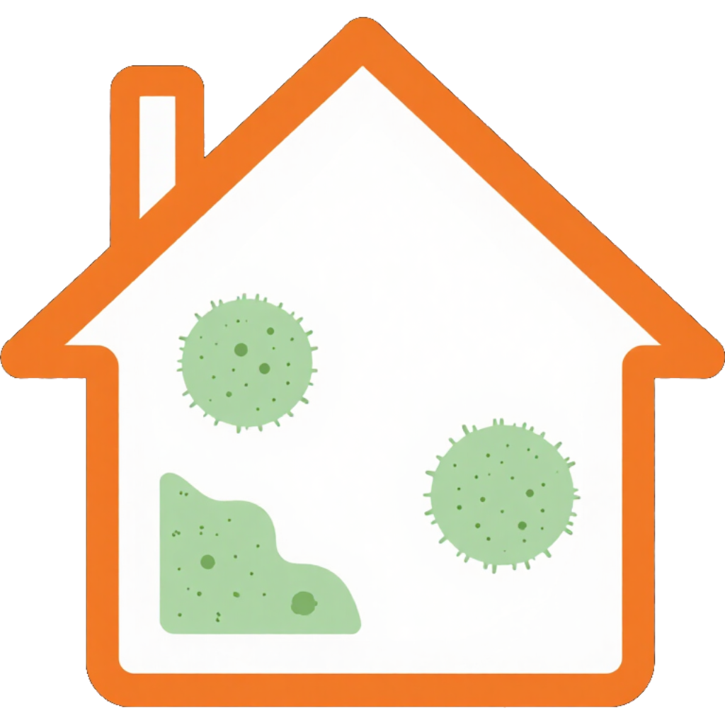 Orange house outline with green mold spots inside, showing indoor contamination or dampness.