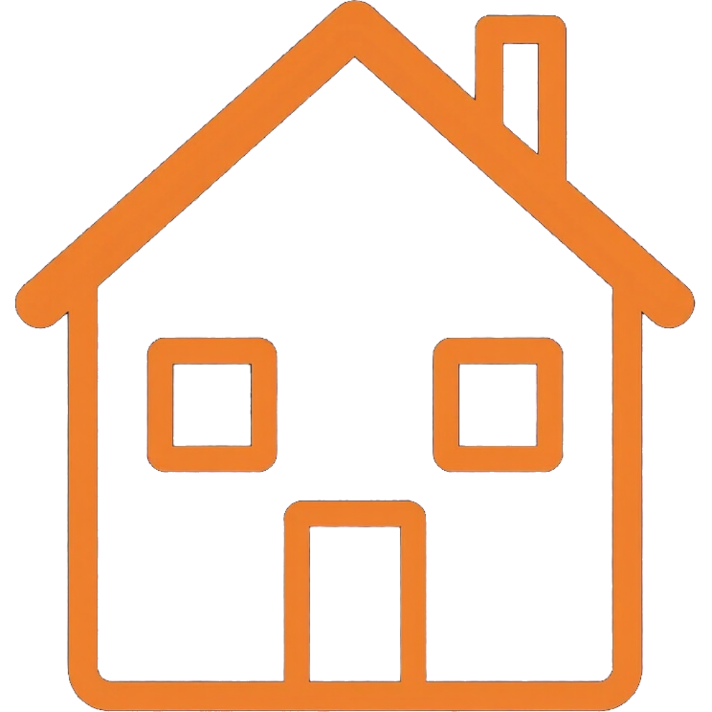 Orange outline of a house with a roof, chimney, windows, and front door