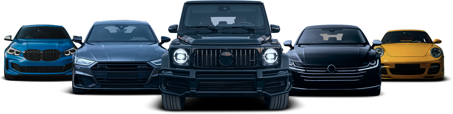 Five front-facing cars in blue, black, gray, and yellow on a white background | Clark's Tire & Automotive