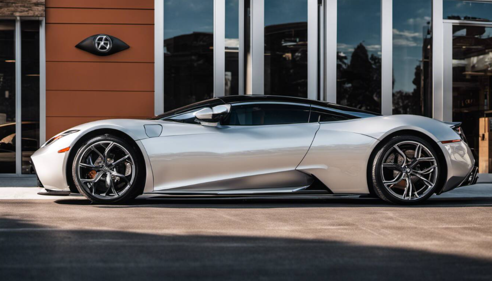 Luxury silver supercar parked outside showroom protected with paint protection film and ceramic coat