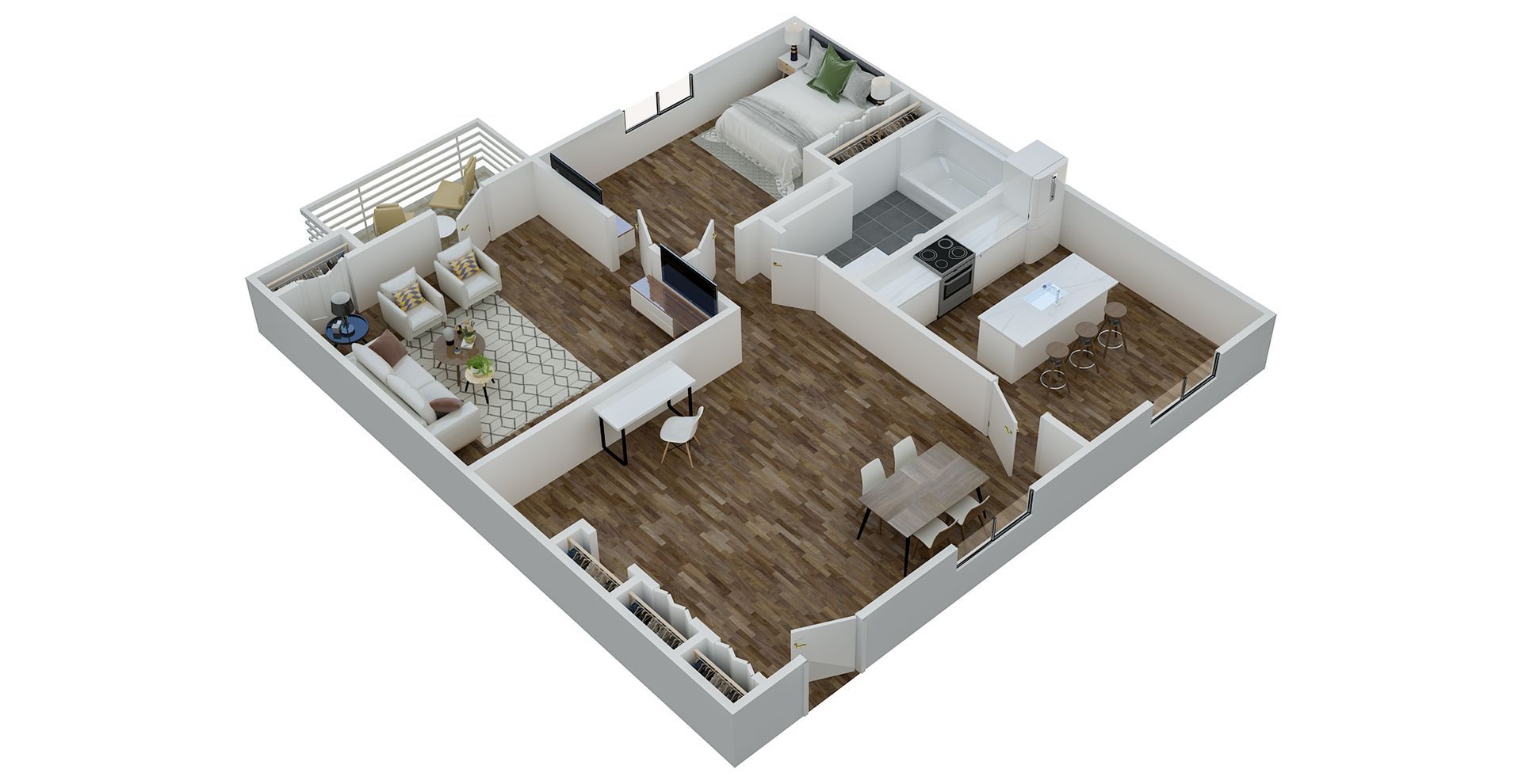 3D floor plan of an apartment with living room, kitchen, bedroom, dining area, and balcony.