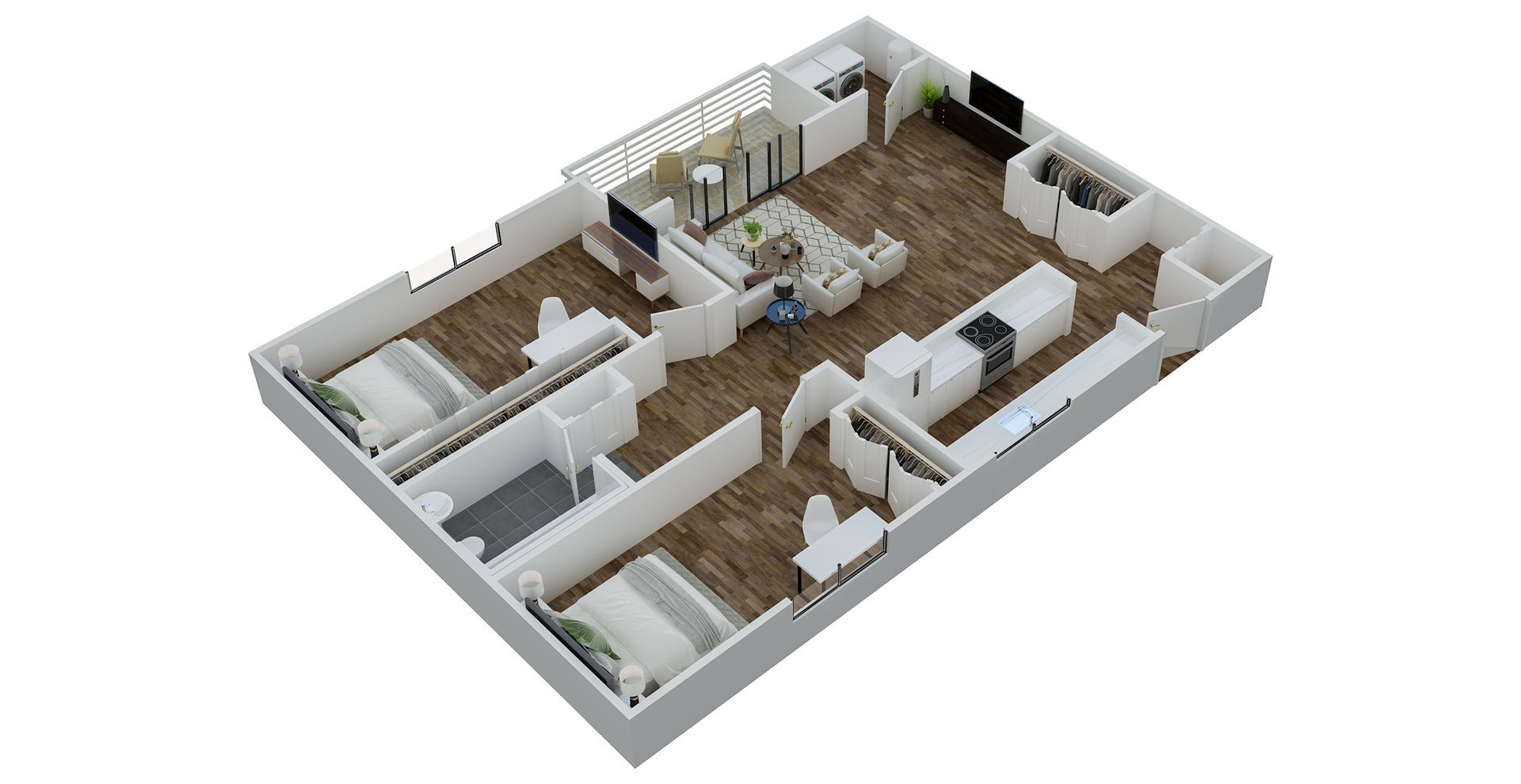 Floor plan of an apartment with a kitchen, living area, two bedrooms, and a balcony.