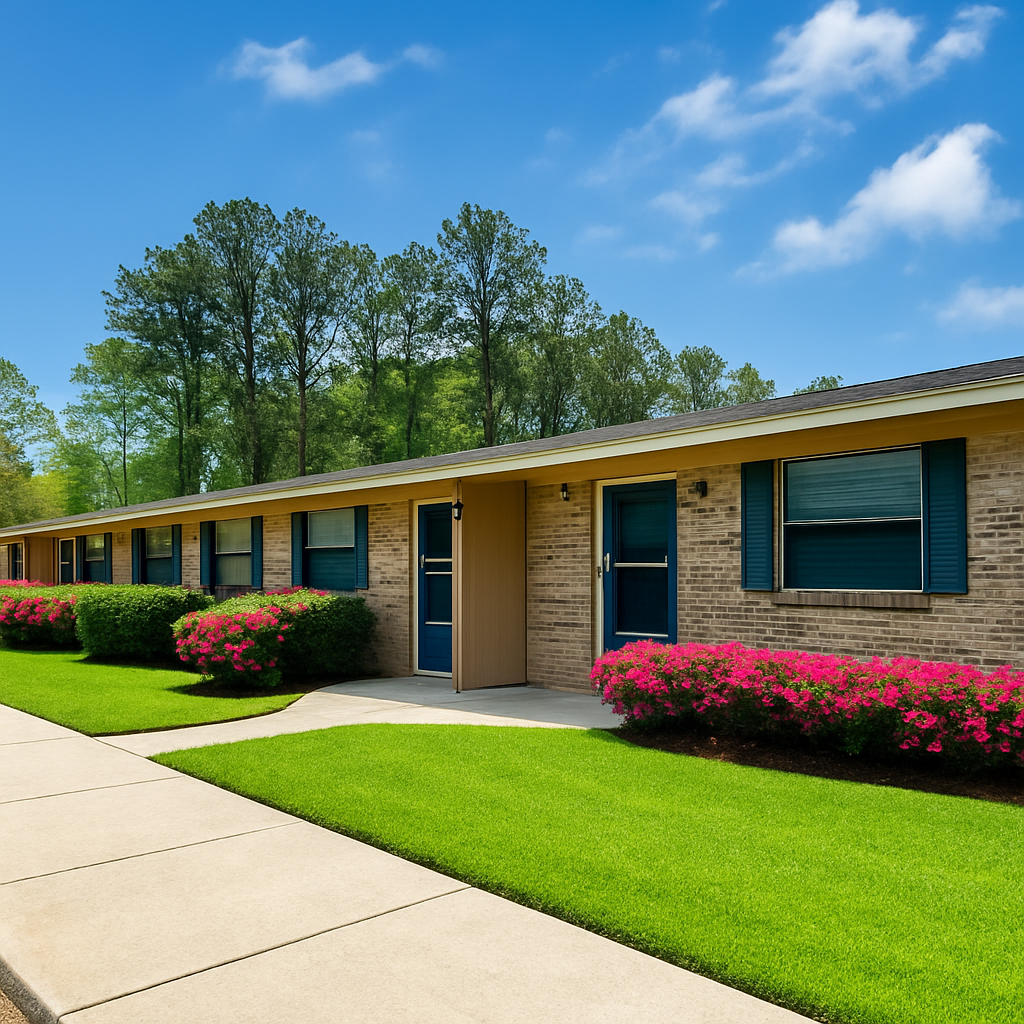 Brick apartment building with blue shutters, doors, and pink bushes under a blue sky.