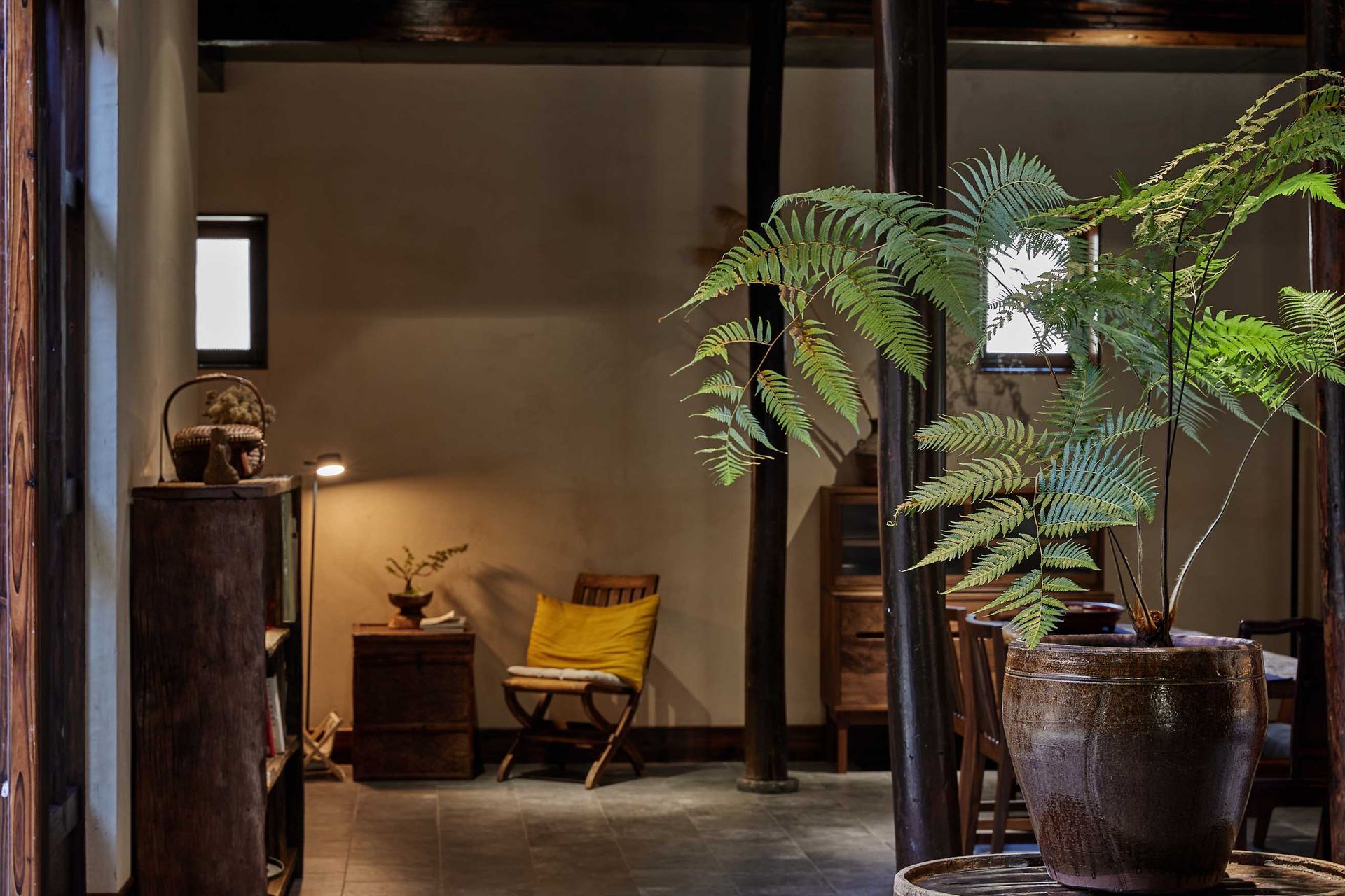 Cozy indoor lounge with potted fern, wooden chair, and warm lamp-lit alcove