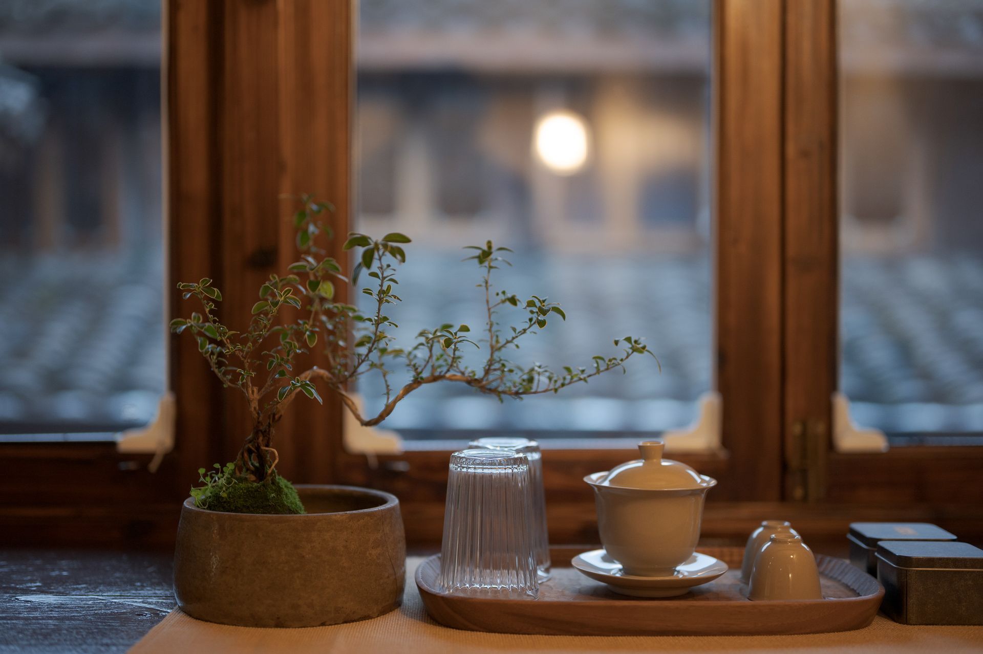 Tea set on a wooden tray by a window, with a potted plant and glass jar in soft light.
