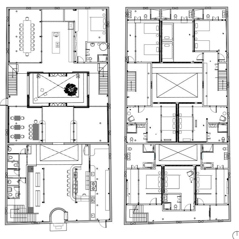 Black-and-white architectural floor plan showing two apartment layouts with rooms, stairs, and furniture placement.