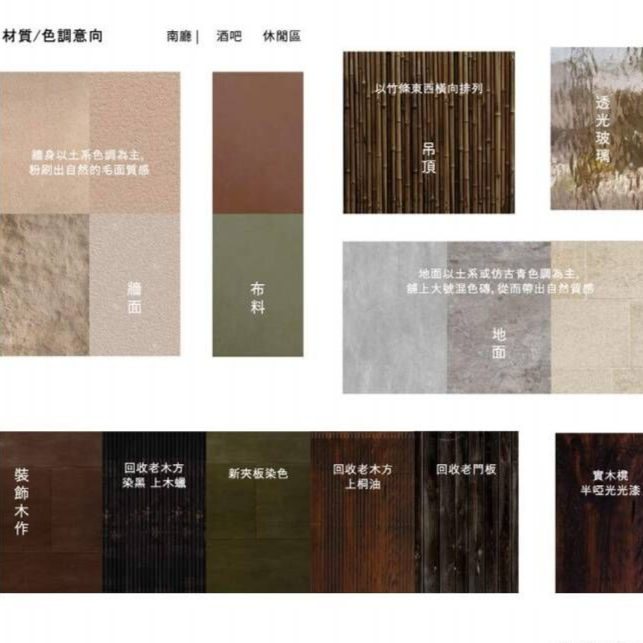 Chinese material color palette with wood, stone, and fabric texture swatches in beige, brown, green, and black tones