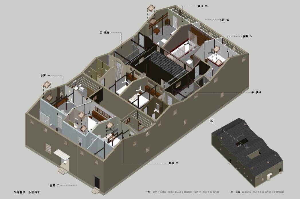 Isometric cutaway of a small apartment floor plan with labeled rooms, plus a black rectangular object nearby