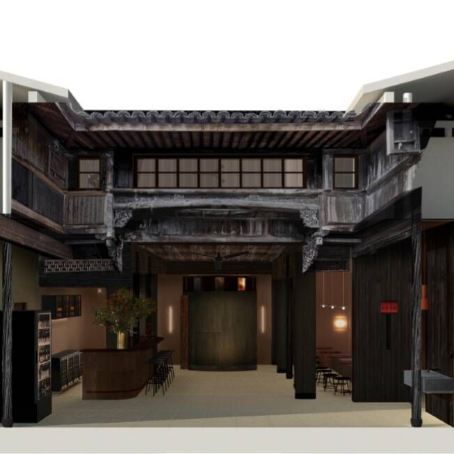 Traditional Japanese-style courtyard with wooden balconies, tiled roof, and softly lit entrance doors