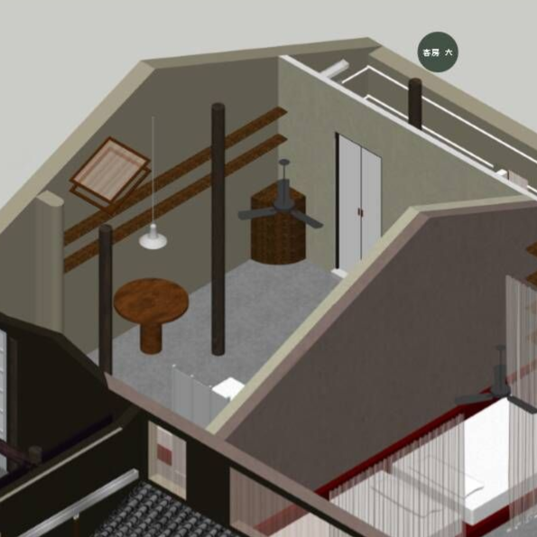 Isometric room interior with stairs, wooden table, hanging light, beams, and a door.