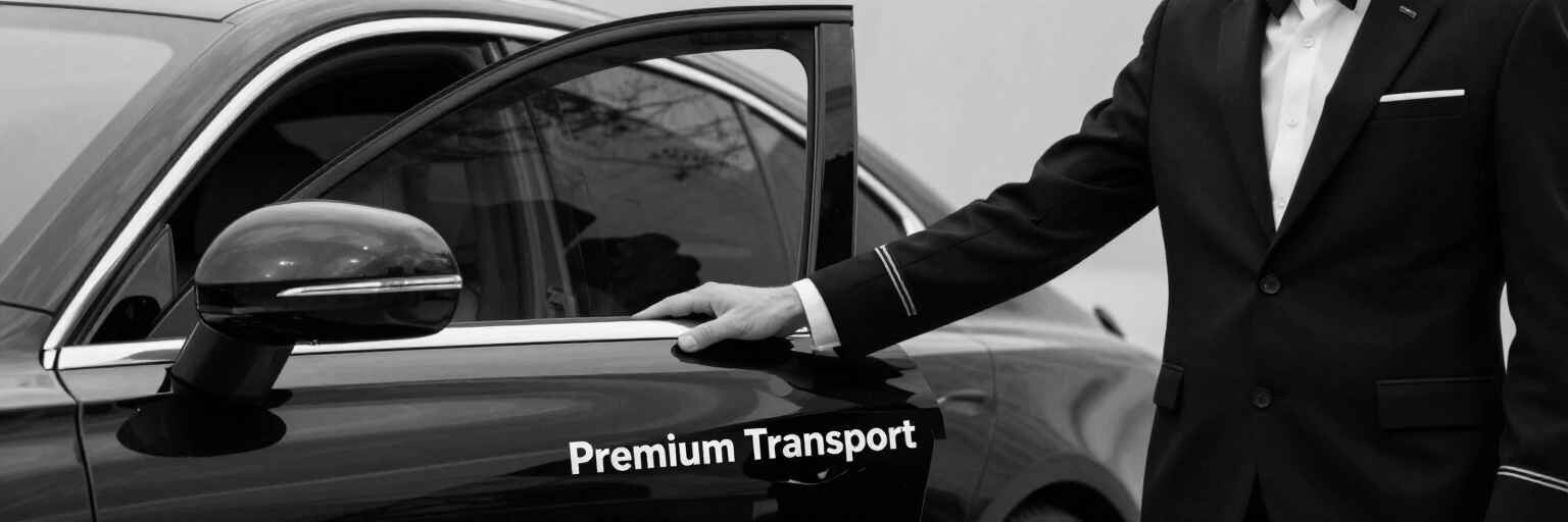 Black luxury car with chauffeur in tuxedo opening the door, labeled “Premium Transport”