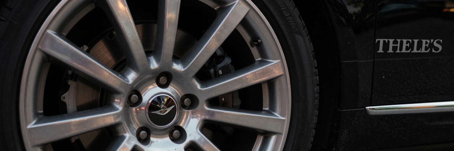 Close-up of a car’s silver wheel rim with the word “THELE’S” on a dark body panel