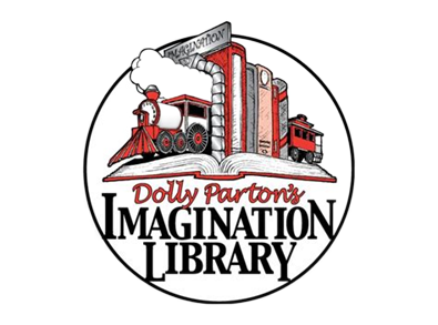 Dolly Parton’s Imagination Library logo with red train and books inside a circle