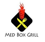 Logo for Med Box Grill with a black diamond, red grill flame, and crossed yellow utensils