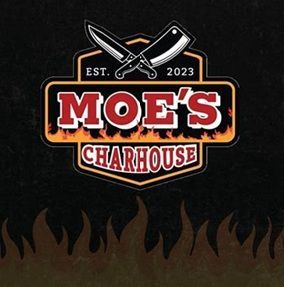 Moe’s Charhouse logo with crossed knives, orange and white text on a black background with flames