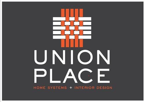 Union Place logo on dark gray background, with orange and white woven icon and “HOME SYSTEMS + INTERIOR DESIGN” text