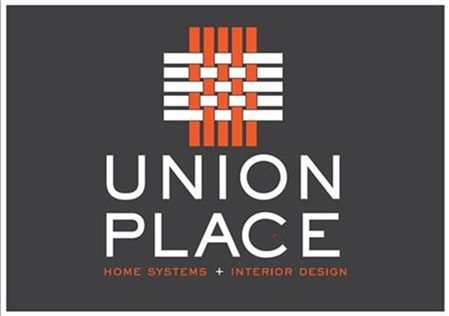 Logo for Union Place: Orange and white woven design over white text on dark gray background.