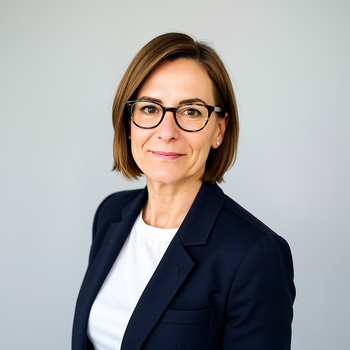 Portrait of a person with short brown hair and black glasses, wearing a navy-and-white striped top, smiling gently.