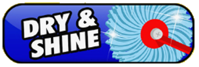Blue “Dry & Shine” sign with a red scrubber and white splash graphic