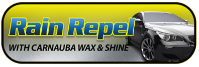 Rain Repel car care banner with yellow text, a black car, and “with carnauba wax & shine” slogan