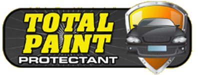 Total Paint Protectant logo with bold yellow text and a gray car shield icon on a black background