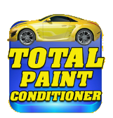 Yellow sports car above “TOTAL PAINT CONDITIONER” logo on blue background