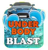 Blue car with water jets and bold text reading “UNDER BODY BLAST”
