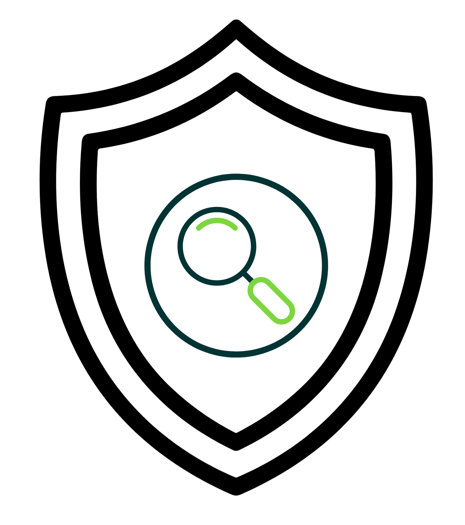 Black shield outline with a green magnifying glass icon inside