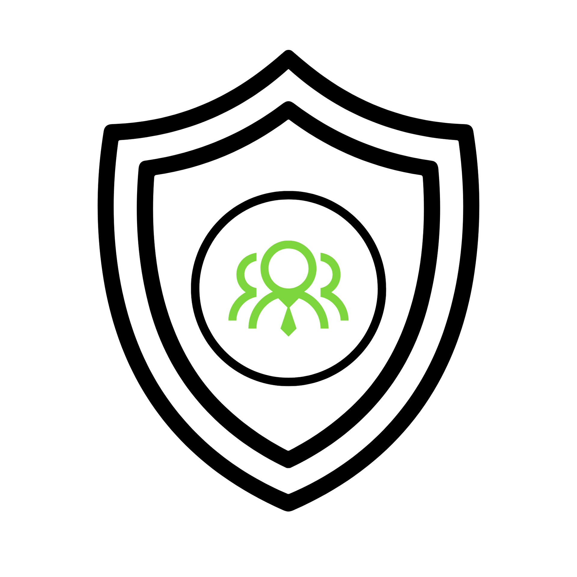 Black shield icon with green group of people inside a circle