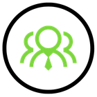 A lime green icon of three stylized figures standing together, centered within a black circle.
