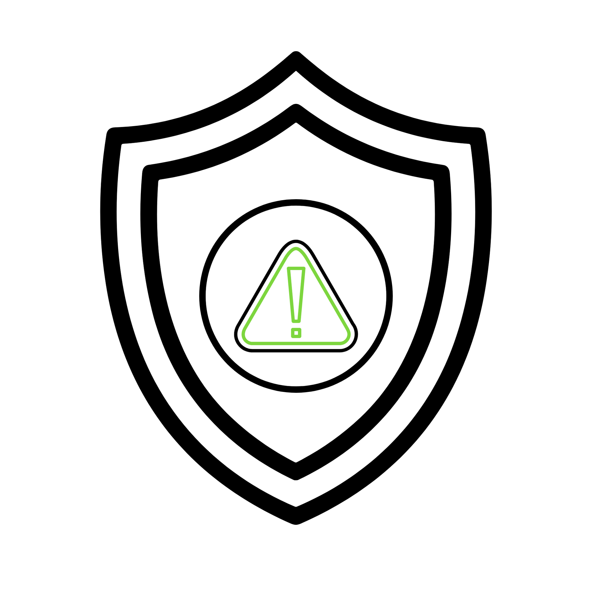 Black shield outline with a green warning triangle and exclamation mark inside