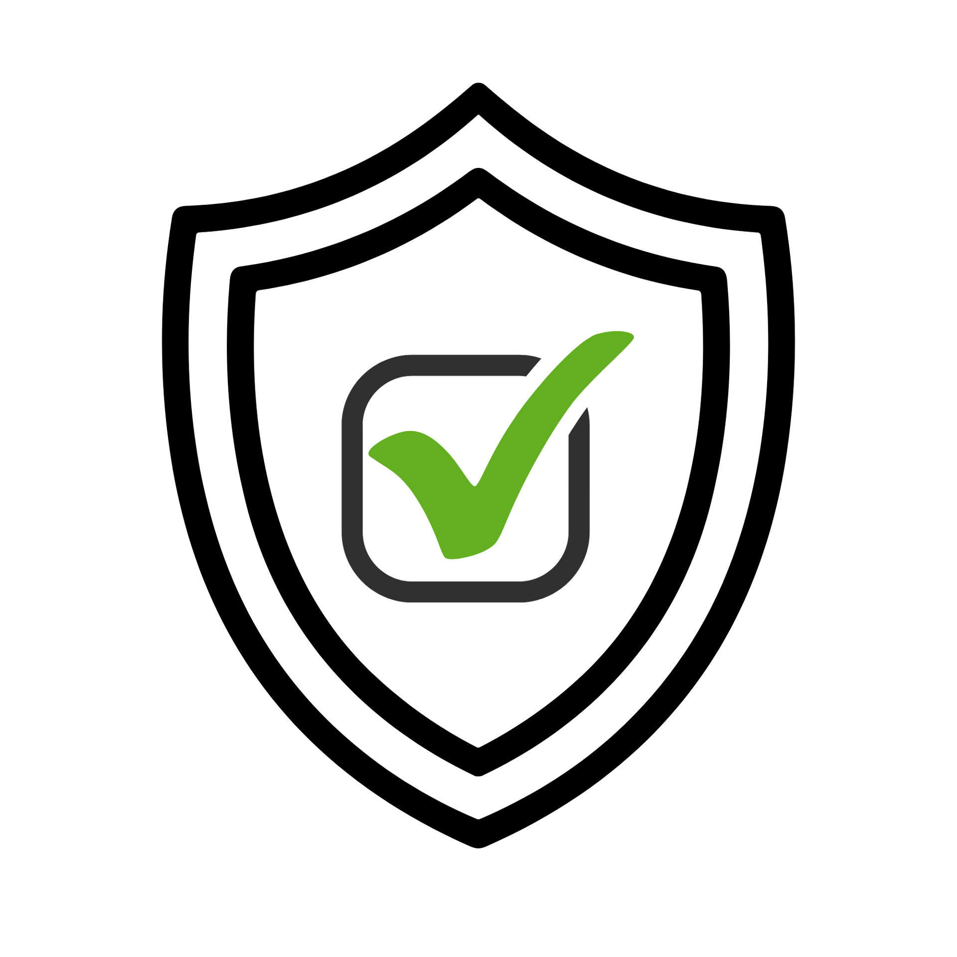 Black shield with green checkmark inside a rounded square, symbolizing security or verification