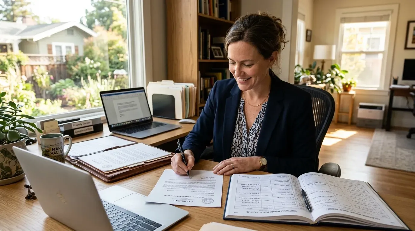 Woman working at a desk with laptop, papers, and open book in a bright home office
