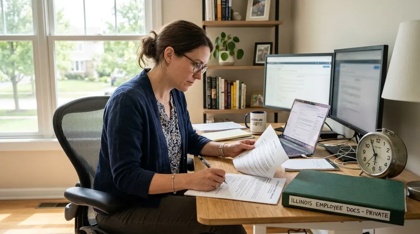 Person working at a desk with papers and dual monitors in a bright home office