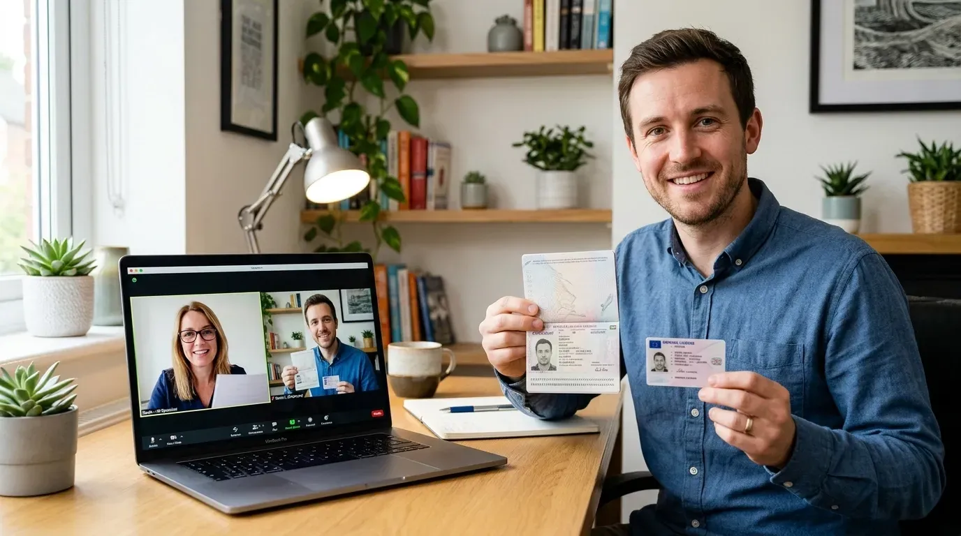 Man smiling at desk holding a card, with laptop video call and mugs in a bright home office