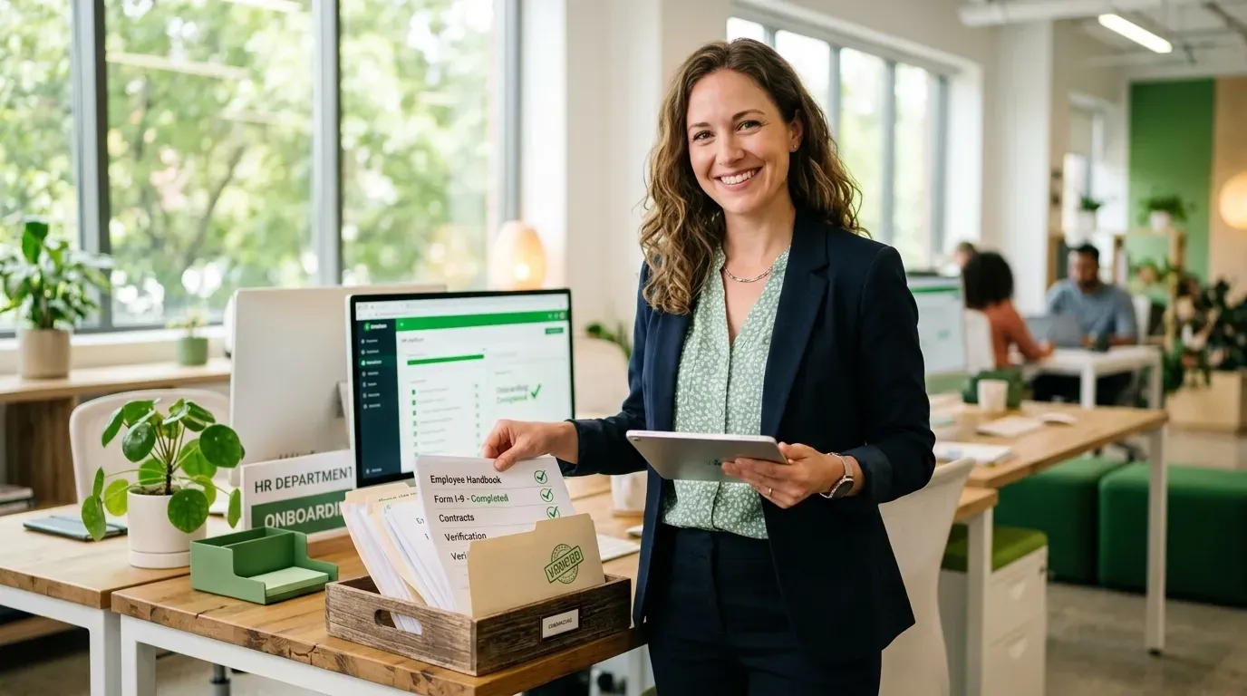 Woman standing in a bright office, smiling beside a desk with laptop, monitor, and potted plants.
