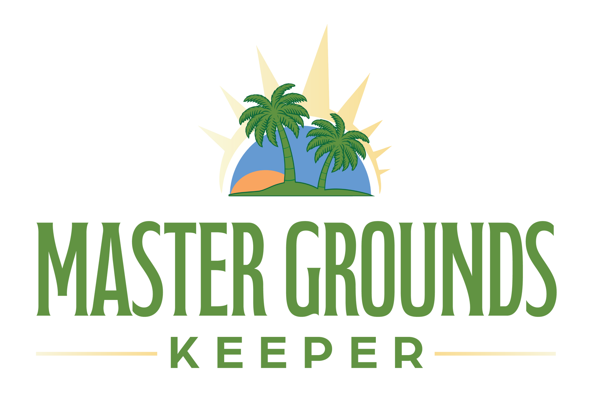 The logo for master grounds keeper shows two palm trees on a tropical island.