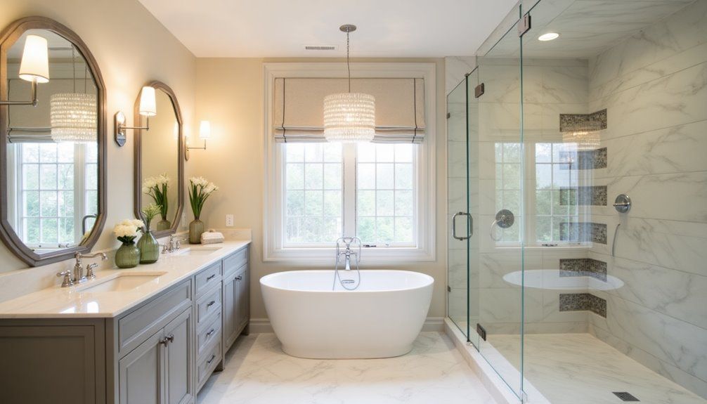 Bright modern bathroom with double vanity, freestanding tub, and glass-enclosed shower