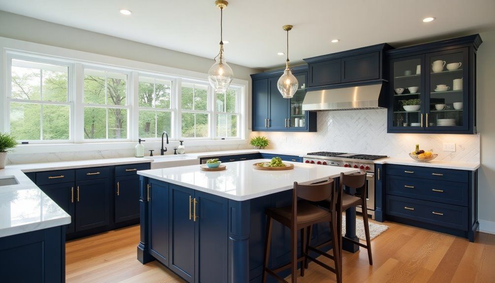 Bright modern kitchen with navy cabinets, white island, pendant lights, and large windows