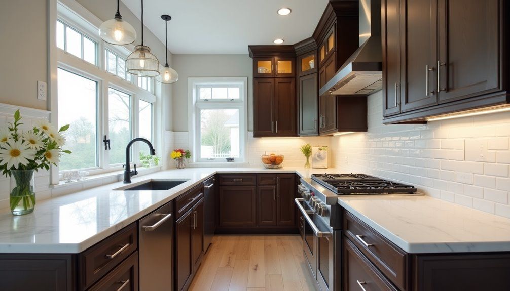 Bright modern kitchen with dark wood cabinets, white countertops, stainless stove, and large window at left.