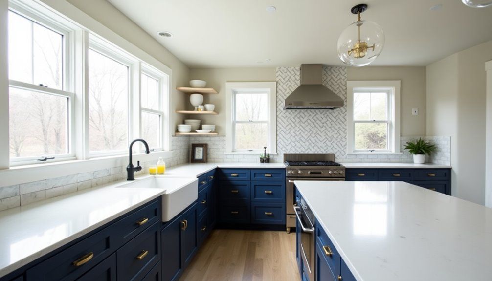 Modern kitchen with navy cabinets, white counters, large windows, and a stainless range hood