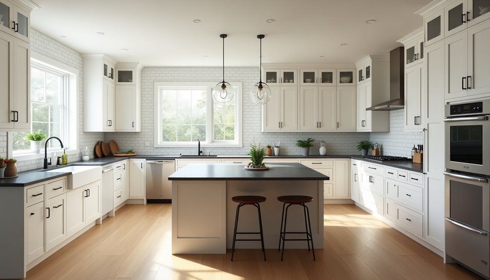 Bright modern kitchen with white cabinets, large windows, island, and two stools under pendant lights