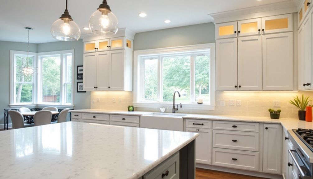 Bright modern kitchen with white cabinets, large island, pendant lights, and sunlit windows