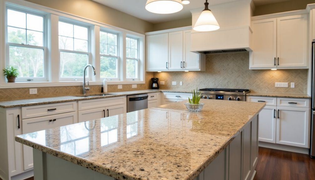 Bright modern kitchen with large island, granite countertops, white cabinets, and sunlit windows.